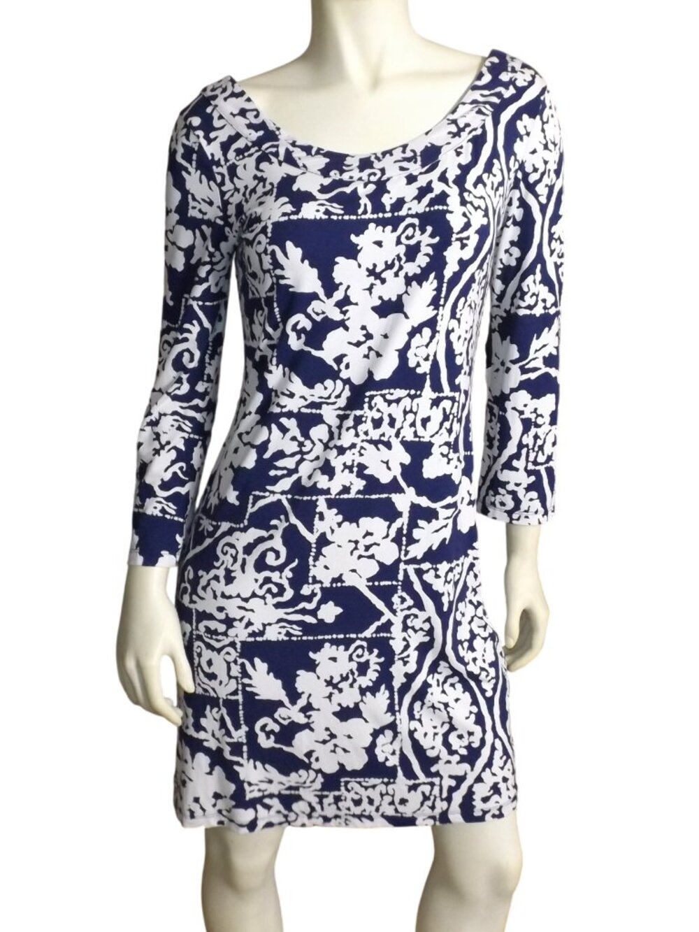 TORI RICHARD Dress, M, Blue/White Mixed print, Wide neckline, Jersey, Made in HI